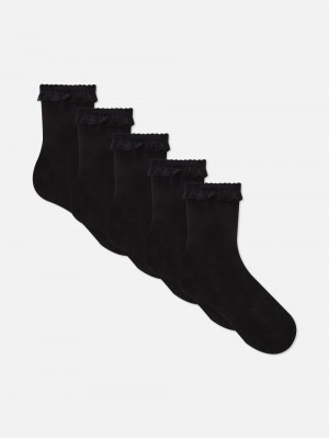 Girls' Primark 5-Pack Scallop Lace Trim Ankle Socks Black | 4523-FYOHS