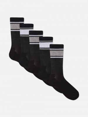 Men's Primark 5-Pack Striped Sports Socks Black | 5304-FNSEV