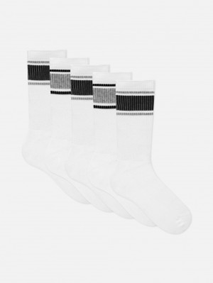 Men's Primark 5-Pack Striped Sports Socks White | 5439-JGUQF