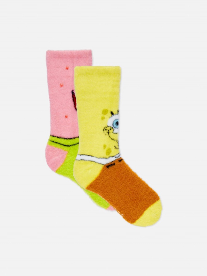 Women\'s Primark 2-Pack SpongeBob Square Pants Fleece Socks Yellow | 0792-PAIOB